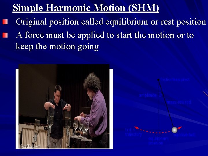Simple Harmonic Motion (SHM) Original position called equilibrium or rest position A force must