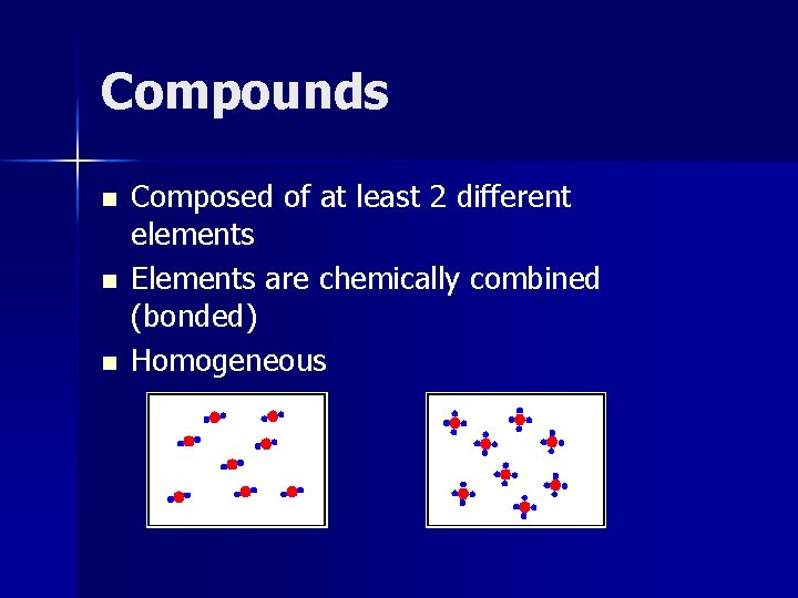 Compounds n n n Composed of at least 2 different elements Elements are chemically