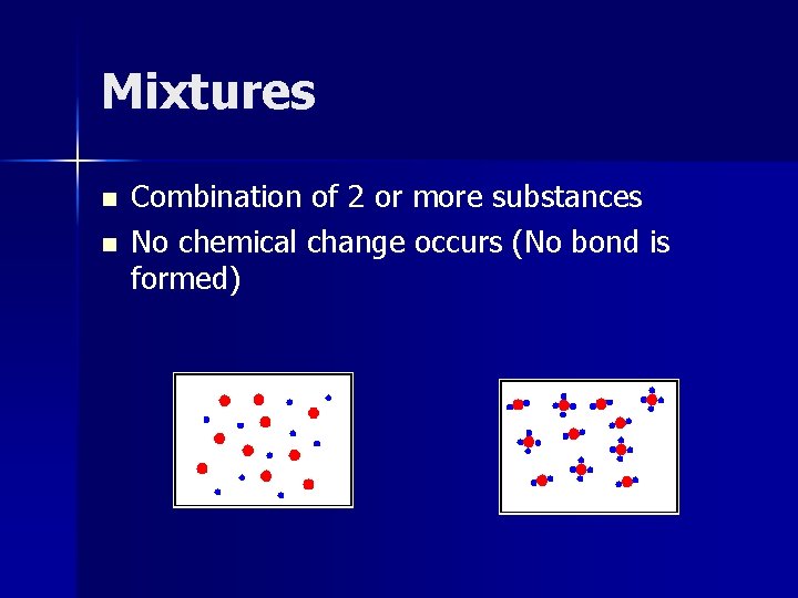 Mixtures n n Combination of 2 or more substances No chemical change occurs (No