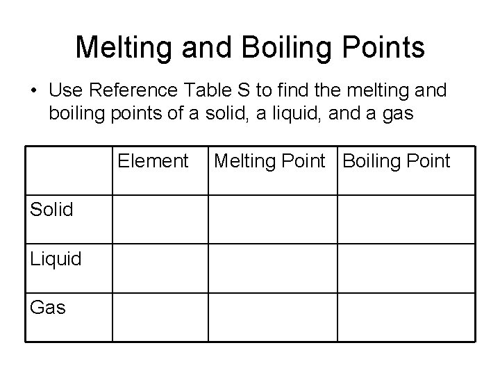 Melting and Boiling Points • Use Reference Table S to find the melting and