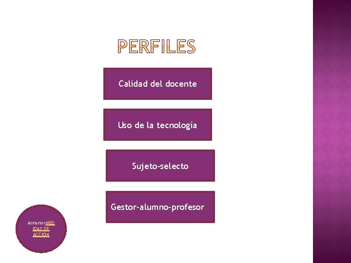 Calidad del docente Uso de la tecnología Sujeto-selecto Gestor-alumno-profesor Anterior. MED IDAS DE ACCION