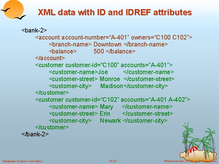 XML data with ID and IDREF attributes <bank-2> <account-number=“A-401” owners=“C 100 C 102”> <branch-name>