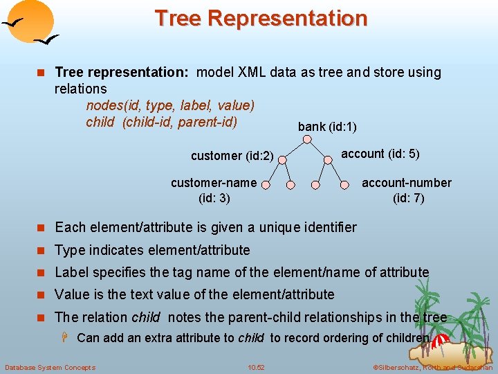 Tree Representation n Tree representation: model XML data as tree and store using relations