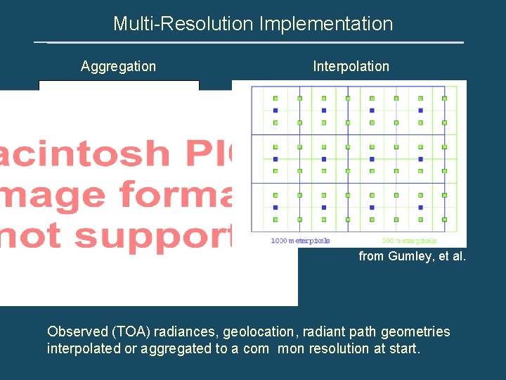 Multi-Resolution Implementation Aggregation Interpolation from Gumley, et al. Observed (TOA) radiances, geolocation, radiant path