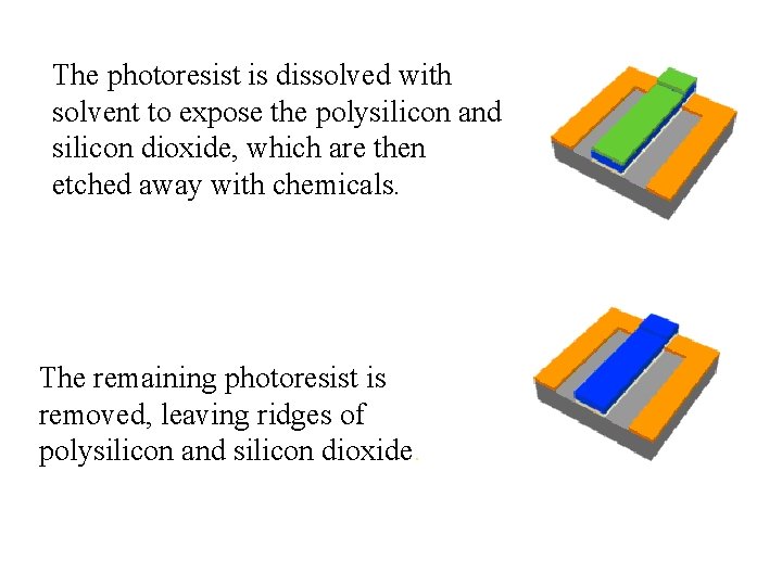 The photoresist is dissolved with solvent to expose the polysilicon and silicon dioxide, which