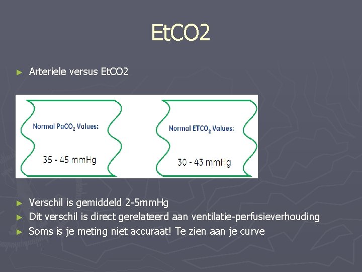 Et. CO 2 ► Arteriele versus Et. CO 2 Verschil is gemiddeld 2 -5