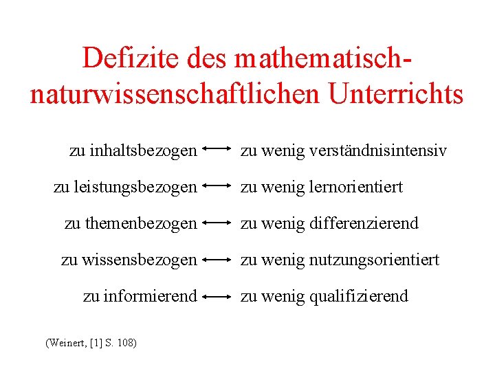 Defizite des mathematischnaturwissenschaftlichen Unterrichts zu inhaltsbezogen zu leistungsbezogen zu wenig verständnisintensiv zu wenig lernorientiert