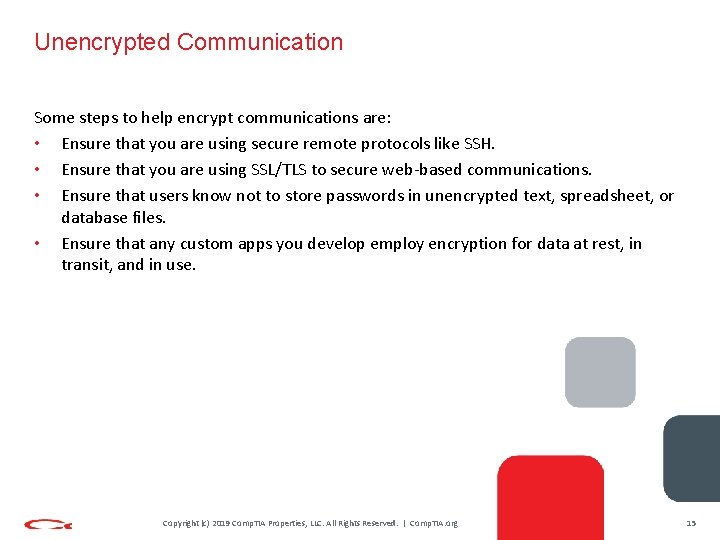Unencrypted Communication Some steps to help encrypt communications are: • Ensure that you are