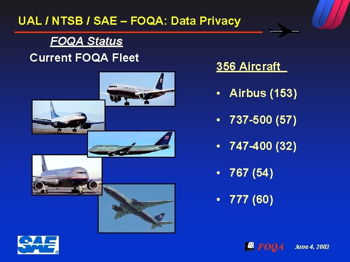 UAL / NTSB / SAE – FOQA: Data Privacy FOQA Status Current FOQA Fleet