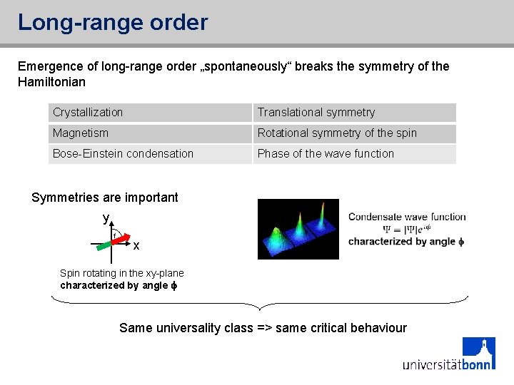 Long-range order Emergence of long-range order „spontaneously“ breaks the symmetry of the Hamiltonian Crystallization