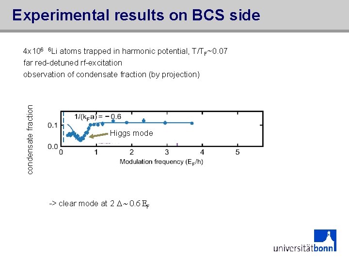Experimental results on BCS side condensate fraction 4 x 106 6 Li atoms trapped