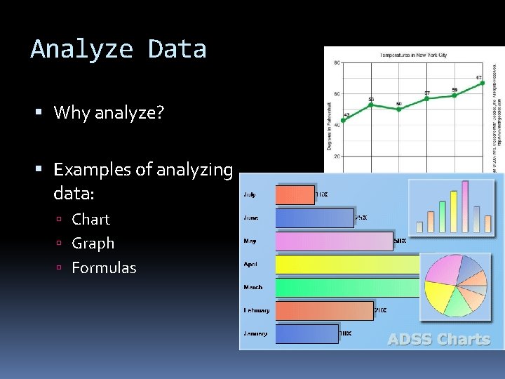 Analyze Data Why analyze? Examples of analyzing data: Chart Graph Formulas 