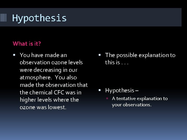 Hypothesis What is it? You have made an observation ozone levels were decreasing in
