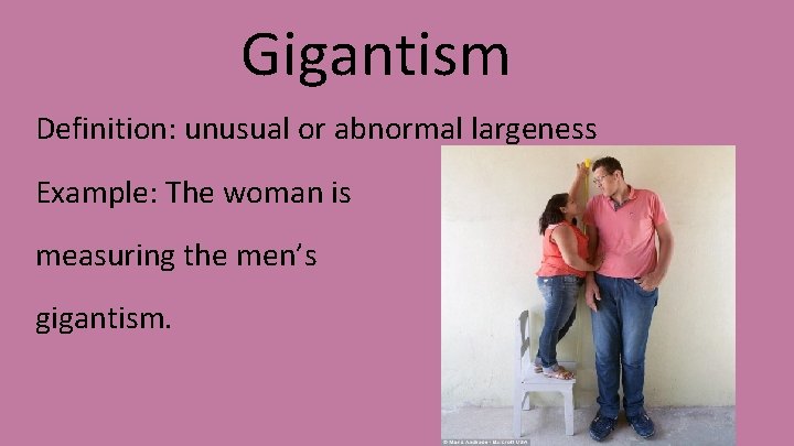 Gigantism Definition: unusual or abnormal largeness Example: The woman is measuring the men’s gigantism.