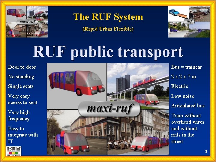 The RUF System (Rapid Urban Flexible) RUF public transport Door to door Bus =