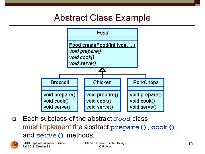 Abstract Class Example Food create. Food(int type, . . . ) void prepare() void