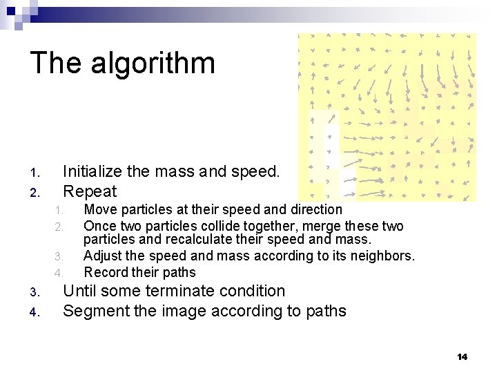 The algorithm 1. 2. Initialize the mass and speed. Repeat 1. 2. 3. 4.