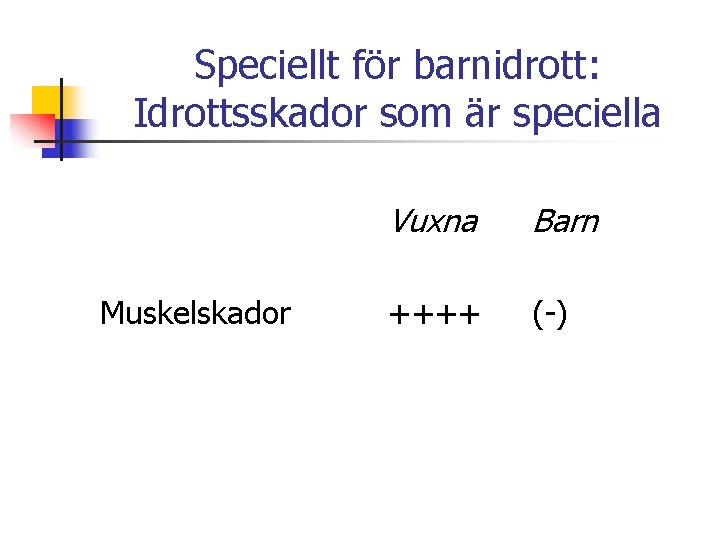 Speciellt för barnidrott: Idrottsskador som är speciella Muskelskador Vuxna Barn ++++ (-) 