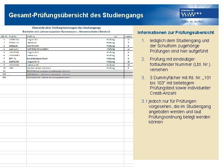 Gesamt-Prüfungsübersicht des Studiengangs Informationen zur Prüfungsübersicht 1. lediglich dem Studiengang und der Schulform zugehörige