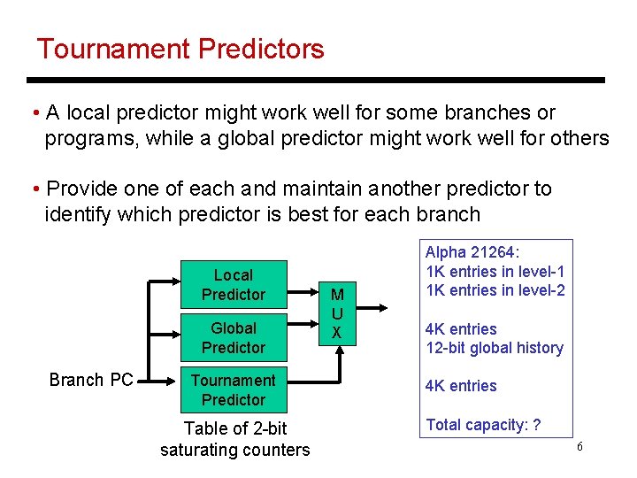 Tournament Predictors • A local predictor might work well for some branches or programs,