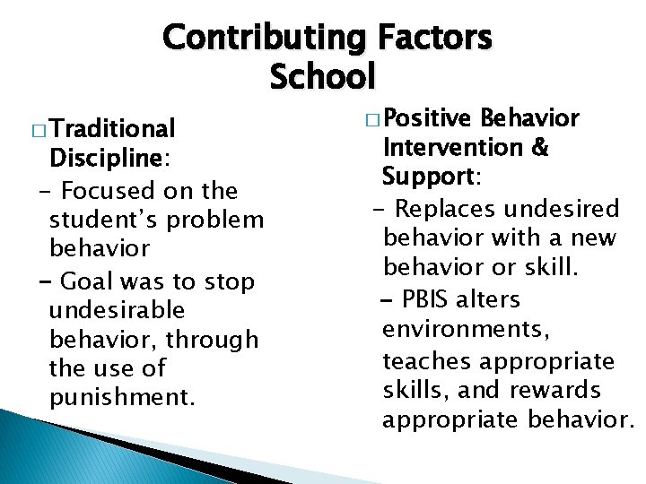 Contributing Factors School � Traditional Discipline: - Focused on the student’s problem behavior -