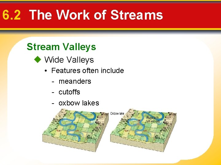 6. 2 The Work of Streams Stream Valleys Wide Valleys • Features often include