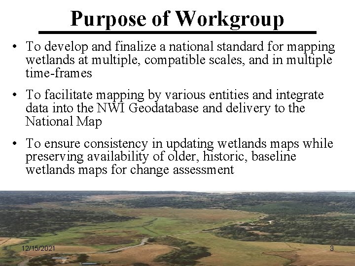 Purpose of Workgroup • To develop and finalize a national standard for mapping wetlands