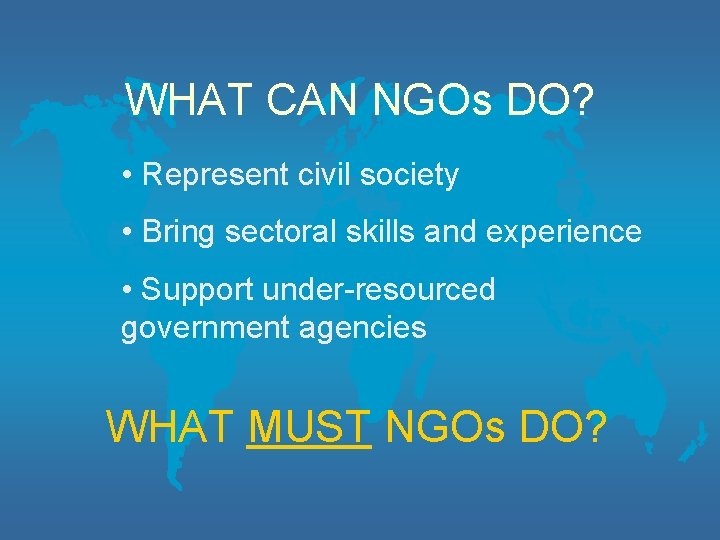 WHAT CAN NGOs DO? • Represent civil society • Bring sectoral skills and experience