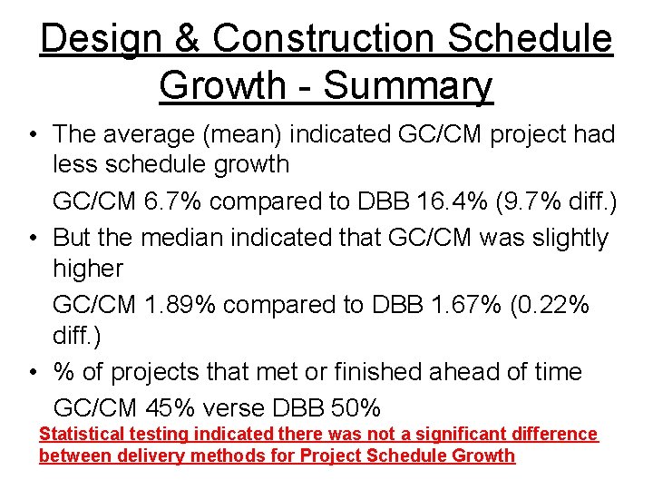 Design & Construction Schedule Growth - Summary • The average (mean) indicated GC/CM project