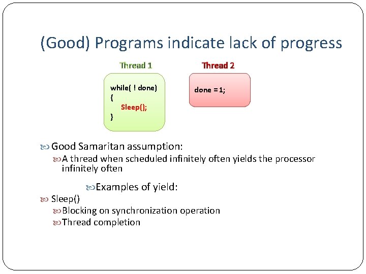 (Good) Programs indicate lack of progress Thread 1 while( ! done) { Sleep(); }
