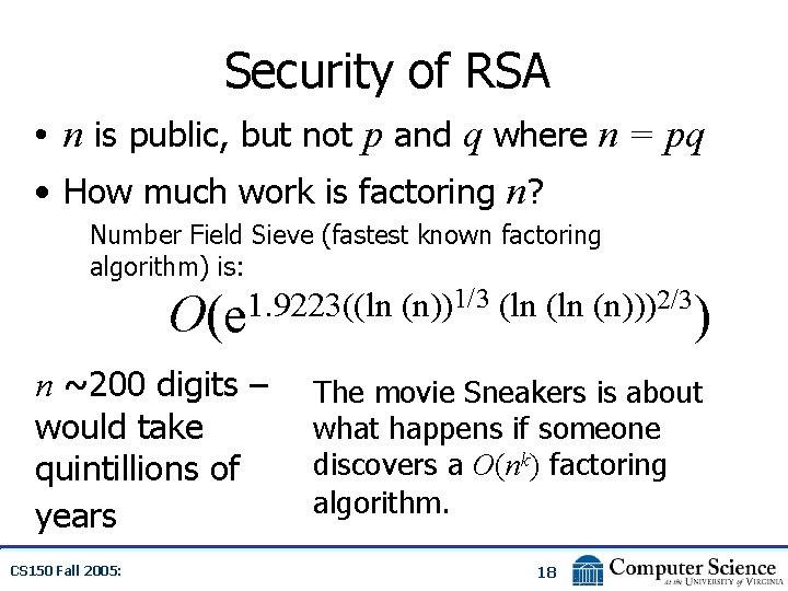 Security of RSA • n is public, but not p and q where n