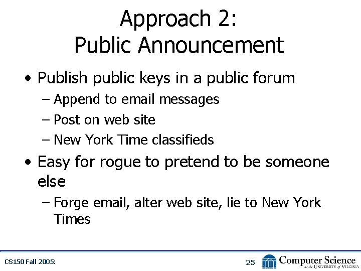 Approach 2: Public Announcement • Publish public keys in a public forum – Append