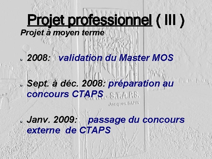 Projet professionnel ( III ) Projet à moyen terme 2008: validation du Master MOS