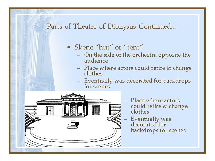 Parts of Theater of Dionysus Continued… • Skene “hut” or “tent” – On the