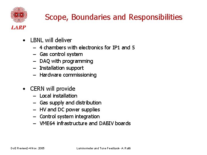 Scope, Boundaries and Responsibilities • LBNL will deliver – – – 4 chambers with