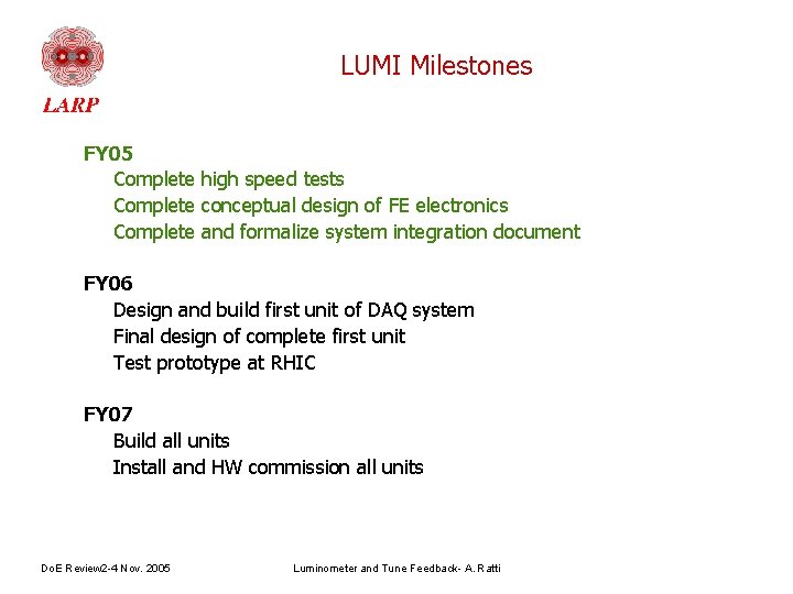 LUMI Milestones FY 05 Complete high speed tests Complete conceptual design of FE electronics