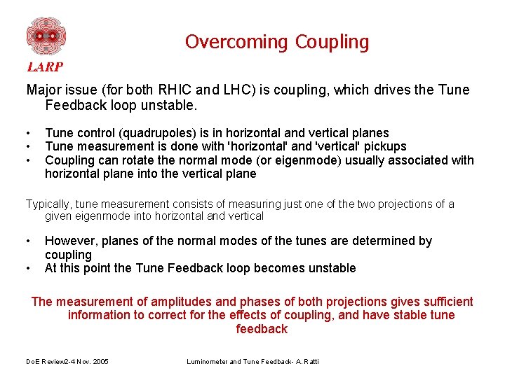 Overcoming Coupling Major issue (for both RHIC and LHC) is coupling, which drives the