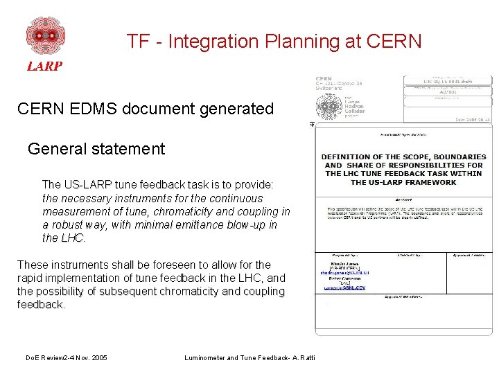 TF - Integration Planning at CERN EDMS document generated • General statement The US-LARP
