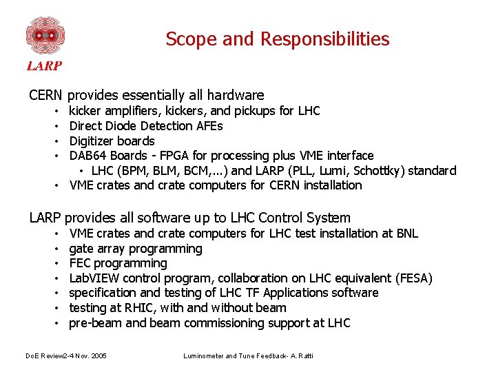 Scope and Responsibilities CERN provides essentially all hardware kicker amplifiers, kickers, and pickups for