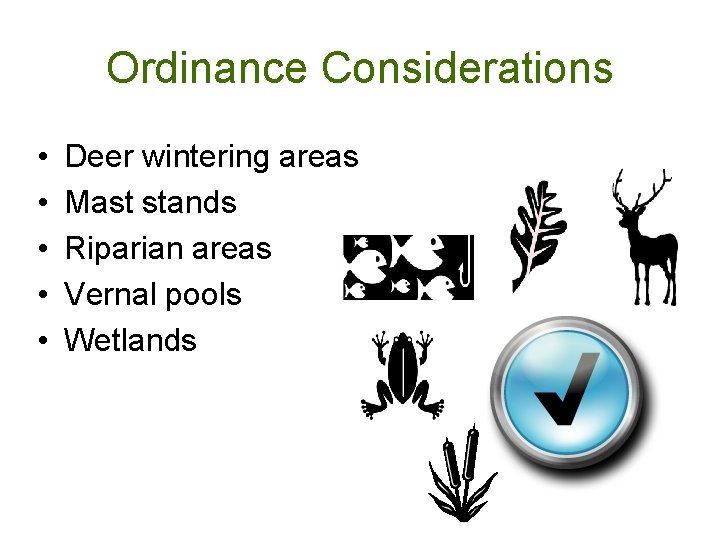 Ordinance Considerations • • • Deer wintering areas Mast stands Riparian areas Vernal pools