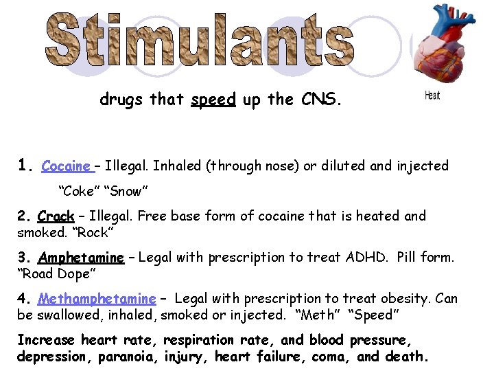 drugs that speed up the CNS. 1. Cocaine – Illegal. Inhaled (through nose) or