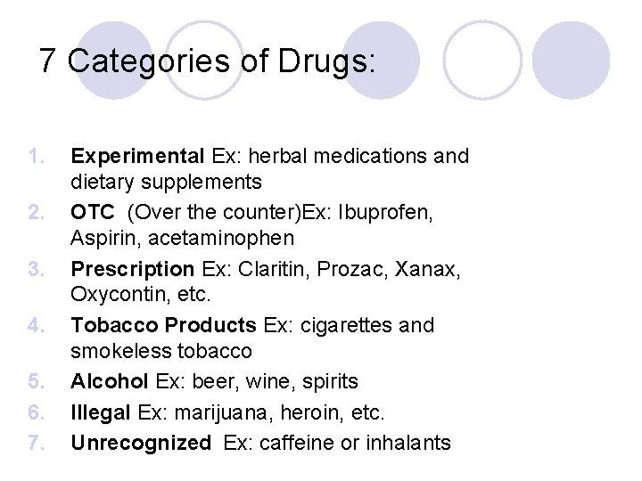 7 Categories of Drugs: 1. 2. 3. 4. 5. 6. 7. Experimental Ex: herbal