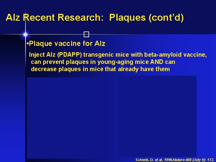Alz Recent Research: Plaques (cont’d) � • Plaque vaccine for Alz Inject Alz (PDAPP)