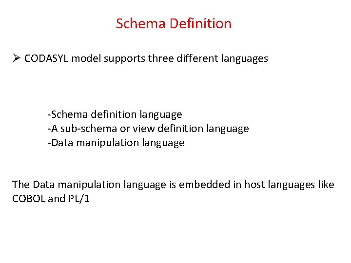 Schema Definition Ø CODASYL model supports three different languages -Schema definition language -A sub-schema