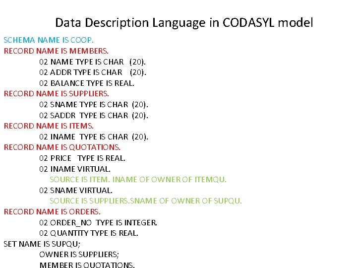 Data Description Language in CODASYL model SCHEMA NAME IS COOP. RECORD NAME IS MEMBERS.