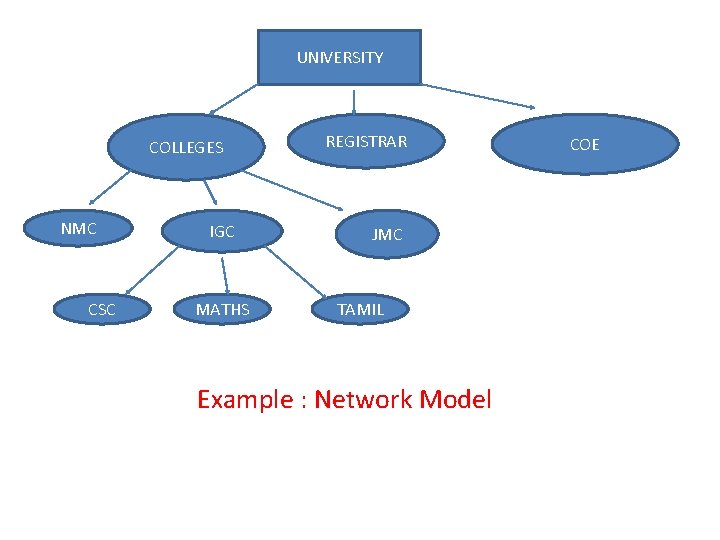 UNIVERSITY COLLEGES NMC CSC IGC MATHS REGISTRAR JMC TAMIL Example : Network Model COE