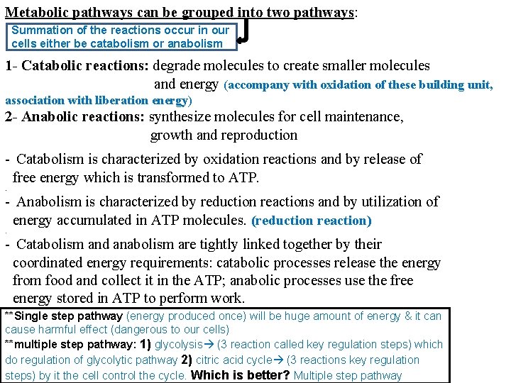 Metabolic pathways can be grouped into two pathways: Summation of the reactions occur in