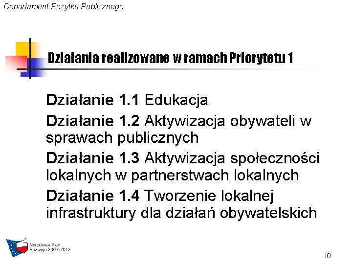 Departament Pożytku Publicznego Działania realizowane w ramach Priorytetu 1 Działanie 1. 1 Edukacja Działanie