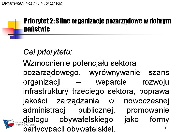 Departament Pożytku Publicznego Priorytet 2: Silne organizacje pozarządowe w dobrym państwie Cel priorytetu: Wzmocnienie