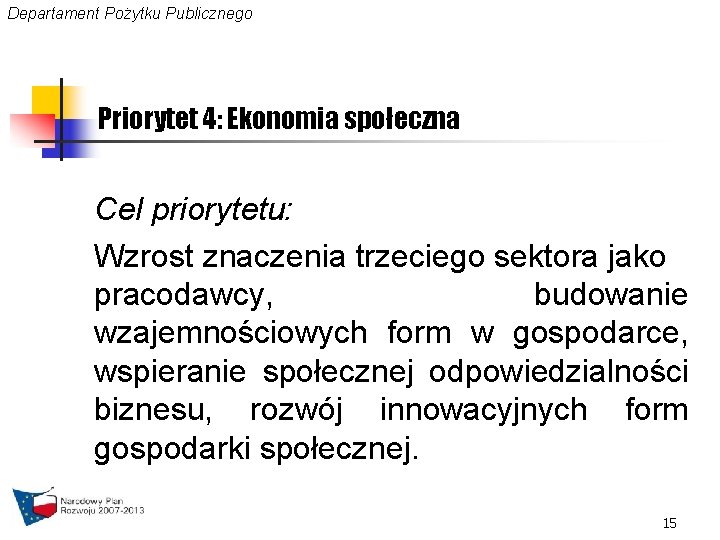 Departament Pożytku Publicznego Priorytet 4: Ekonomia społeczna Cel priorytetu: Wzrost znaczenia trzeciego sektora jako